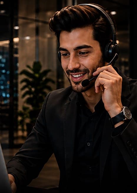 Support agent with a headset ready to assist with chauffeur bookings